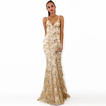

Sequins Deep V-neck Evening Dress Long Net yarn Mermaid Prom Party Gowns Women backless Halter banquet Dresses 2019 new dress