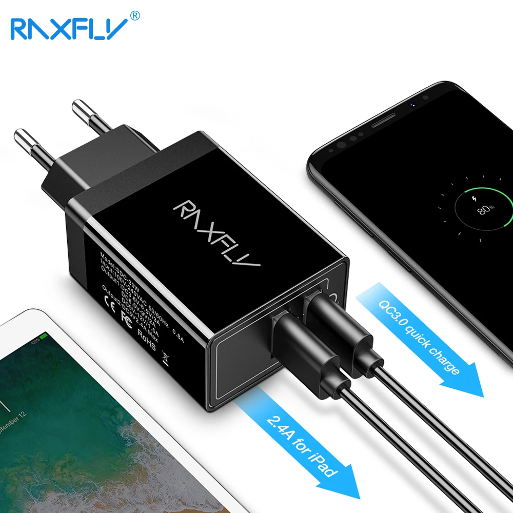 RAXFLY 18 Вт Quick Charge EU Plug 2.4A QC3.0 Dual USB зарядное устройство для телефона ABS Настенный USB адаптер для быстрой зарядки для iPhone 11 Pro Max XR XS