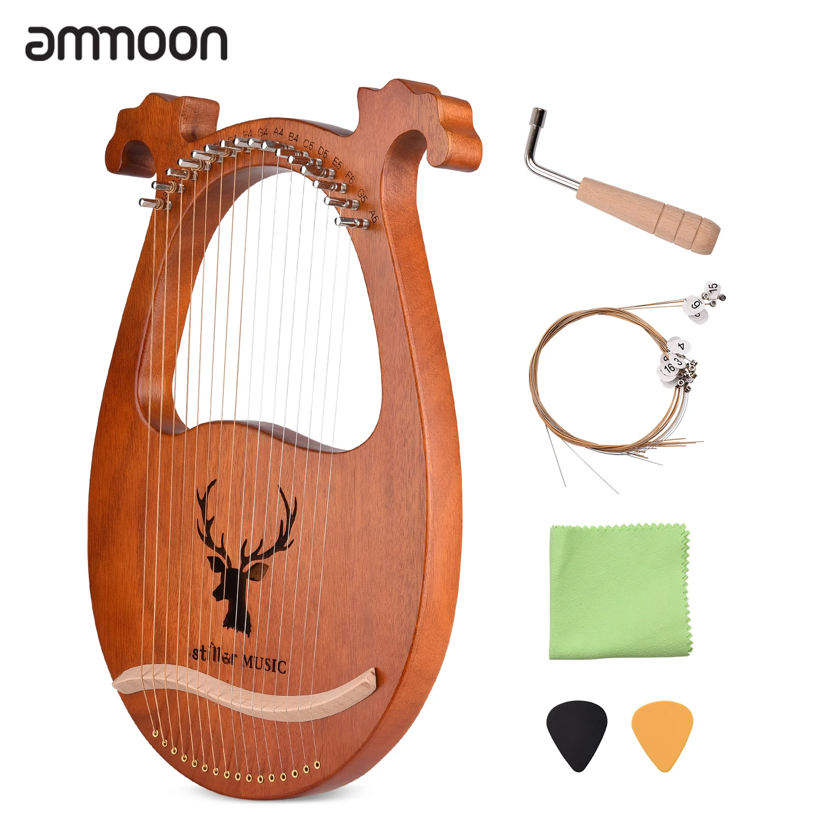 ammoon 16 String Lyre Harp Solid Wood String Instrument with Elk Pattern Tuning Hammer Strings Cleaning Cloth Picks for Beginner