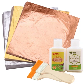 

Imitation Gold Leaf Paper Gilding Copper Aluminum Leaf 14x14cm with Glue/ Varnish/ Brushes for Arts Crafts Gilded Decoration
