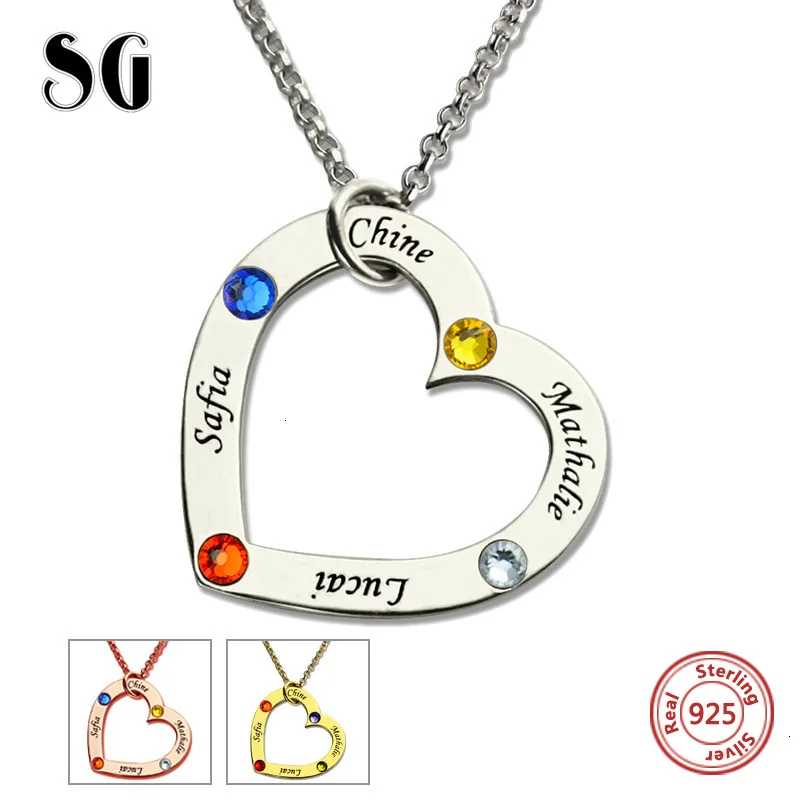

New Arrival Birthstone Heart Necklace Custom Engraved Name Jewelry 925 Sterling Silver Family Necklace & Pendant For Lover Gift