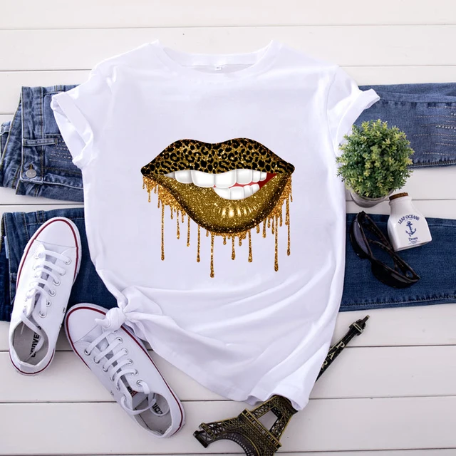 Summer Fashion Shirt Lips Leopard Graphic T Shirt Women Harajuku Tops  O-neck 4 colors Tee Kiss Lip Funny Girls  T-shirt Lips 1 White