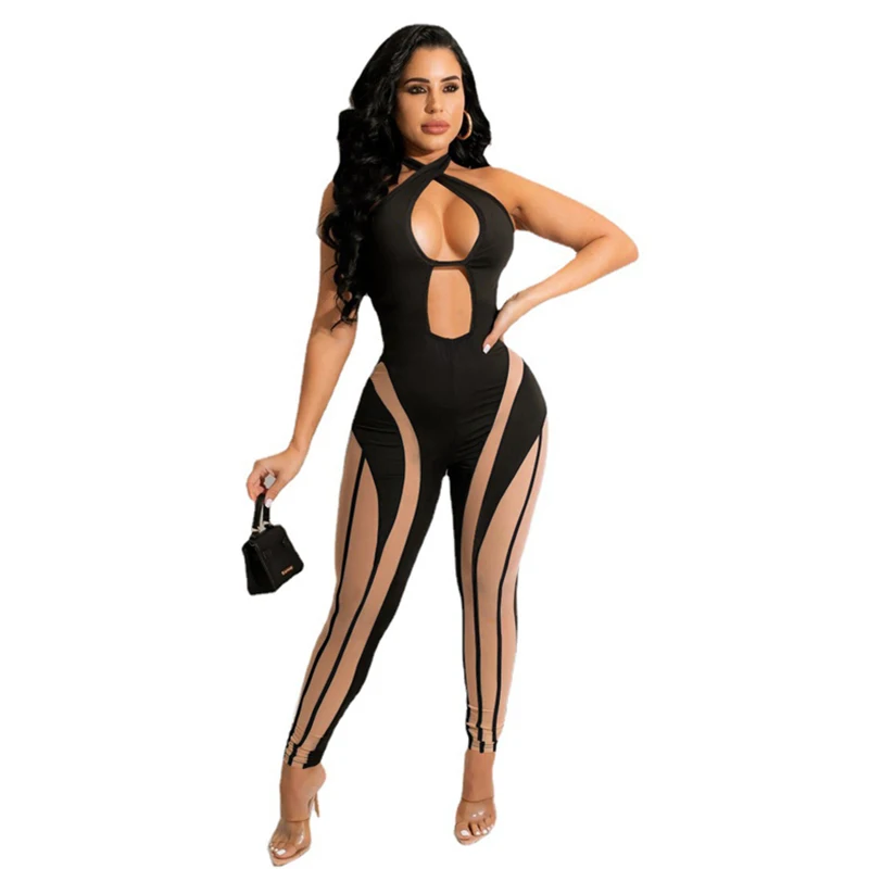 

Sexy Hollow Out Jumpsuit Women Clothes Summer Sleeveless Jumpsuits for Women Party Club Color Patchwork Bandage Bodycon Jumpsuit