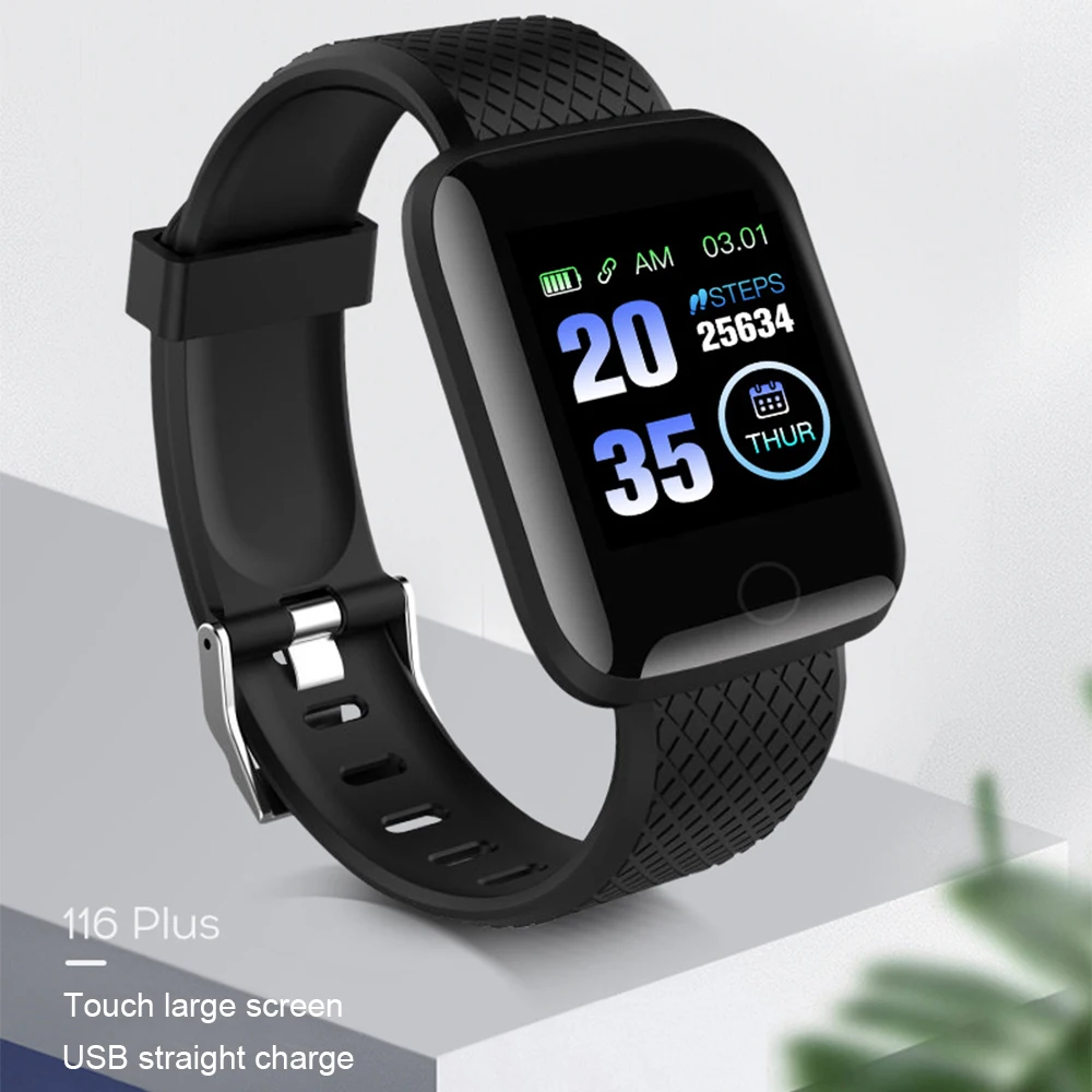 Смарт-часы с Bluetooth 116 PLUS, умный Браслет, цветной экран, пульсометр, контроль артериального давления, отслеживание движения, IP67, водонепроницаемый - Цвет: Черный
