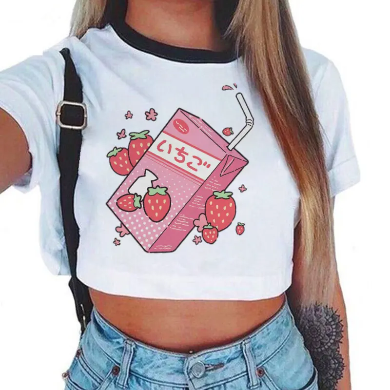 Kawaii розовый клубника с молочным принтом Harajuku стильная футболка изображением