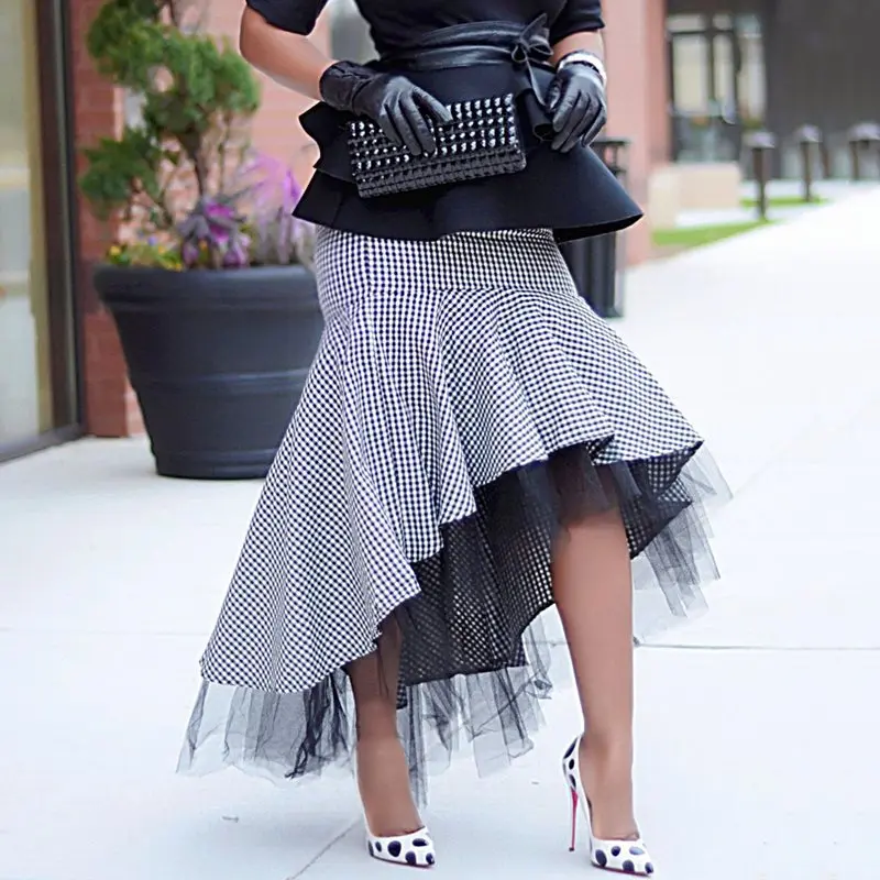 Асимметричная клетчатая юбка с высокой и низкой талией, облегающая сетчатая Лоскутная винтажная Женская юбка в стиле ретро, вечерние юбки средней длины