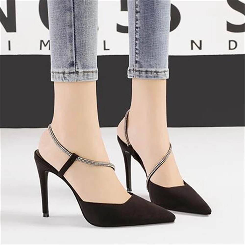 

Pointed Rhinestone Super High-Heeled Pumps Shoes Thin Heeled Hollow Nightclub Steel Tube Dance Stripper Heels 10cm High Heel