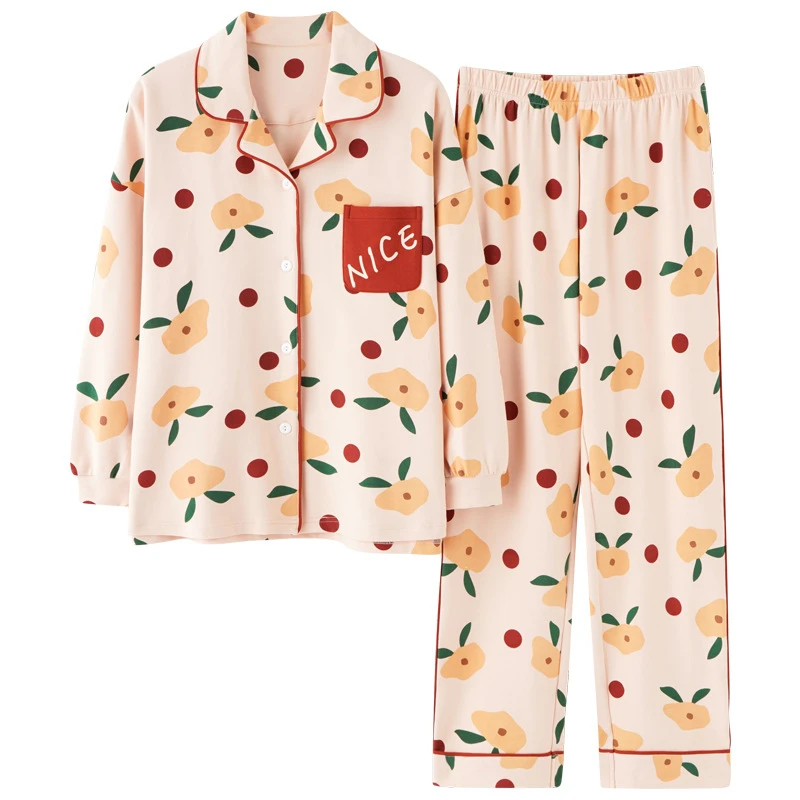

Autumn winter ladies cardigan lapel printed loose long-sleeved pajamas casual and comfortable cotton home service suit JJF0129