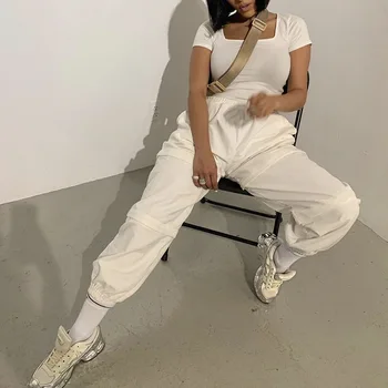 

2019 Casual Fashion Corduroy Streetwear Pants White Solid Pockets Baggy Pants Women Hip Hop High Waist Trousers Autumn