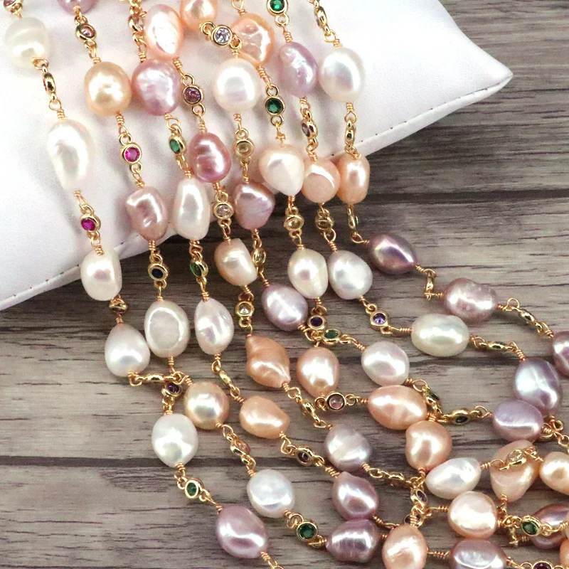 

New 3Meters Fresh Water Pearl Beads Chains For Jewelry Making, Irregular Pearl Links Colorful Zircon Gold Color Rosary Chains