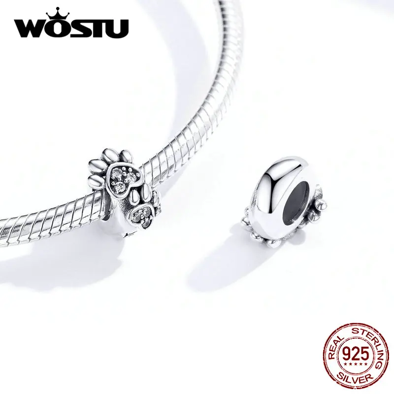 WOSTU 925 пробы серебряные силиконовые пробки прокладки лапы собаки бусины "следы" талисманы подходят браслет ювелирные изделия CQC1312