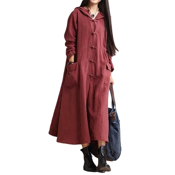 

Women Vintage Loose O Neck Long Sleeve Hooded Maxi Dress Long Coat Jacket Ladies Casual Plus Size Solid Color Pockets Cardigan O
