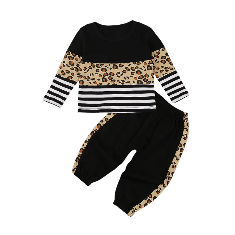 

Kids 2Pcs Sweater Suit Long Sleeve Striped Lepoard Patchwork Top with Long Pants, Casual Set for Spring and Autumn 0-4Y