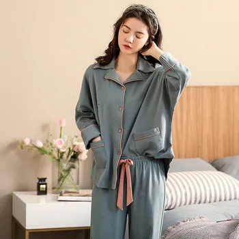 

Soft 100% Cotton Pajamas for Women Korean PJ Long Sleeves Pijama Button-Down Winter Sleepwear Set Ladies Pink Nighties for Women