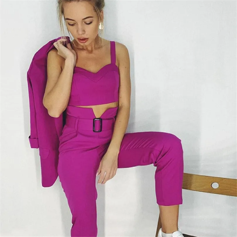 Taotrees Women's Solid Color Blazer Pant Suits Office Lady Jacket and Sling Tops and Trouser Workwear Three Piece Sets