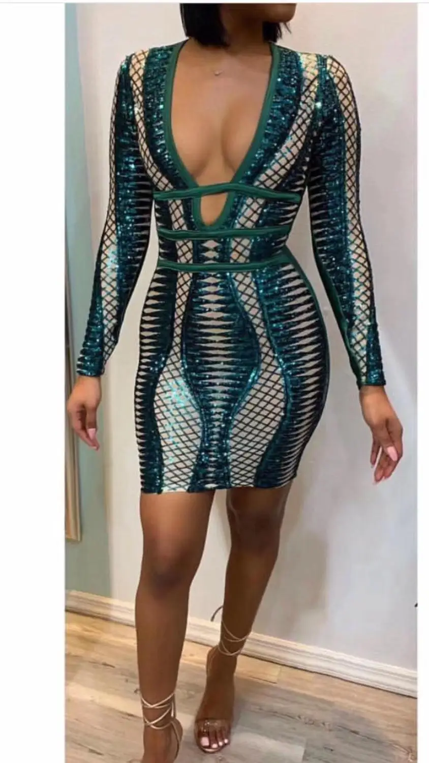

2019 Autumn Women Sexy Designer Mesh Sequins Green Bandage Dress Celebrity Night Club Mini Party Dress
