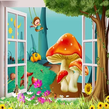 

Custom large mural 3D wallpaper Nordic modern cartoon mushroom girl swing baby bedroom mural TV back wall decor deep 5D embossed