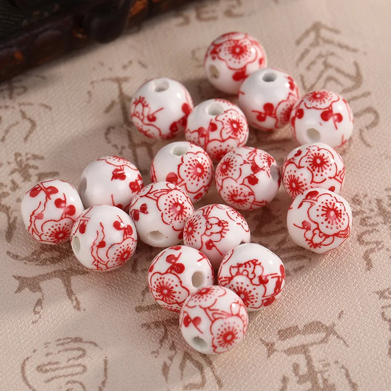 NEW 20pcs 10mm Round Smooth Ceramic Loose Spacer Beads Flower Pattern #39 