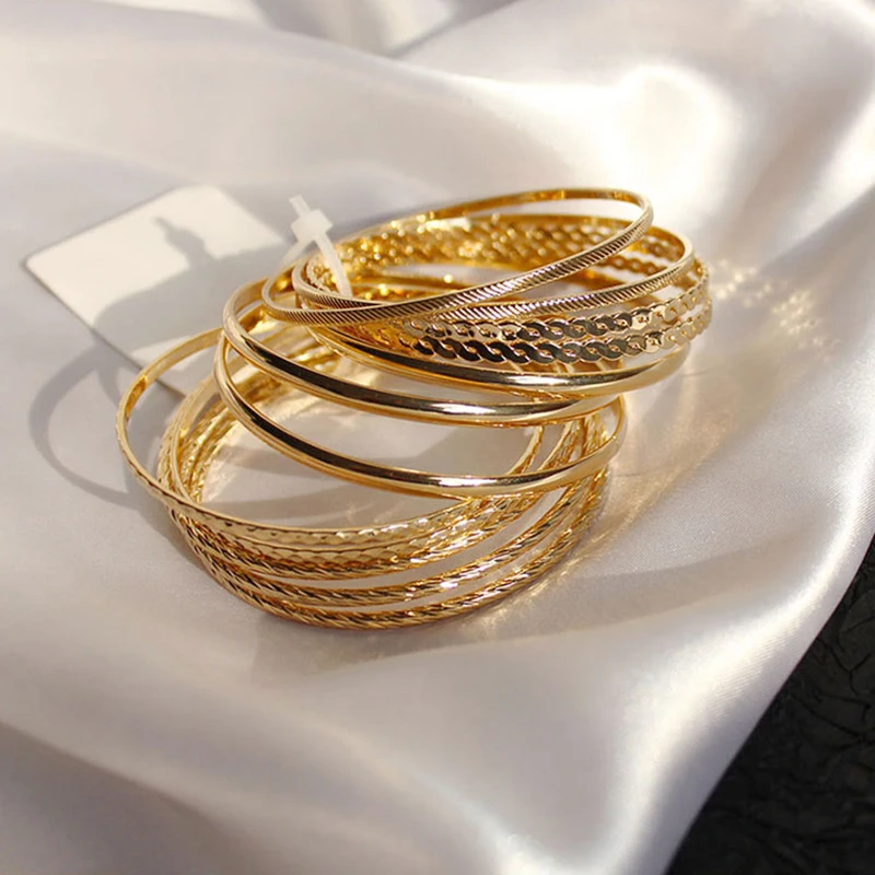 New Arrivals 12PCS/SET Gold Color Metal Alloy Big Circle Bracelet Bangles Sets for Women Girls Punk Bracelet Jewelry 6.8CM