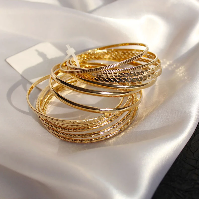 Gold Color Metal Alloy Big Circle Bracelet Bangles Sets For Women Girls Punk Bracelet Jewelry 12PCS/SET 6.8CM bracelet jewelry