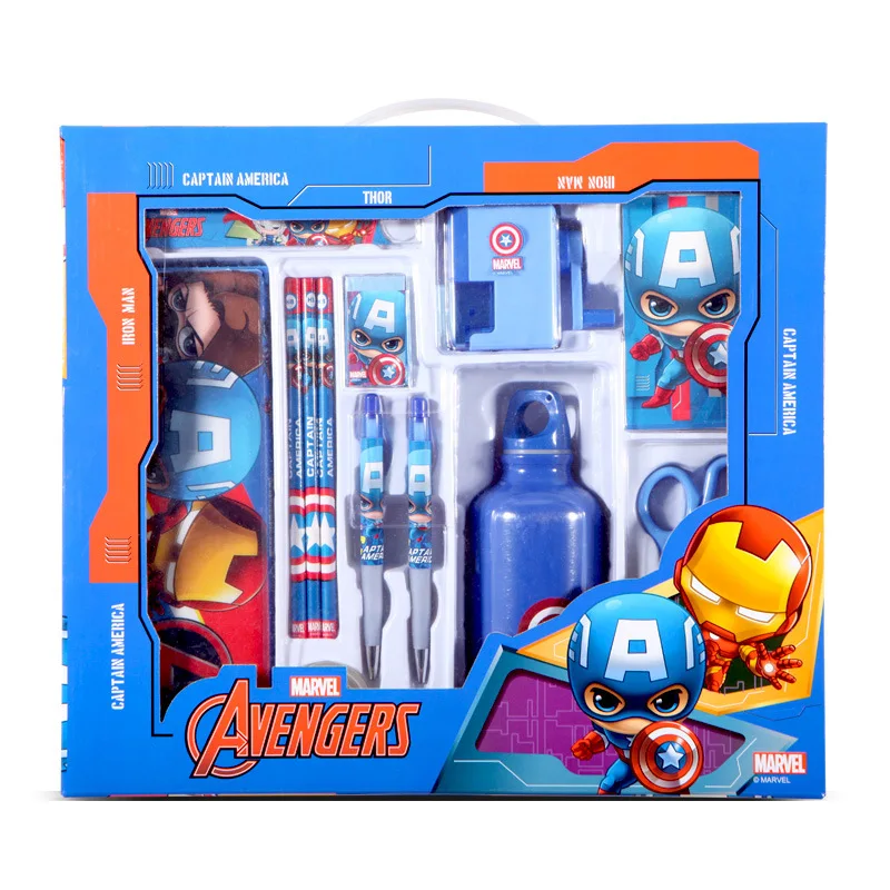 

High quality student supplies stationery gifts Marvel Avengers Captain America Pencil sharpener Scissors Water cup Book Set