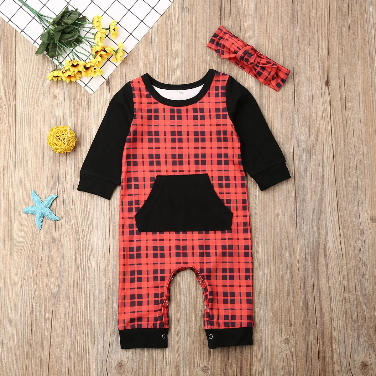 2PCS Xmas Newborn Kids Boy Girl Clothes Romper Plaid Jumpsuit Long Sleeve Outfit