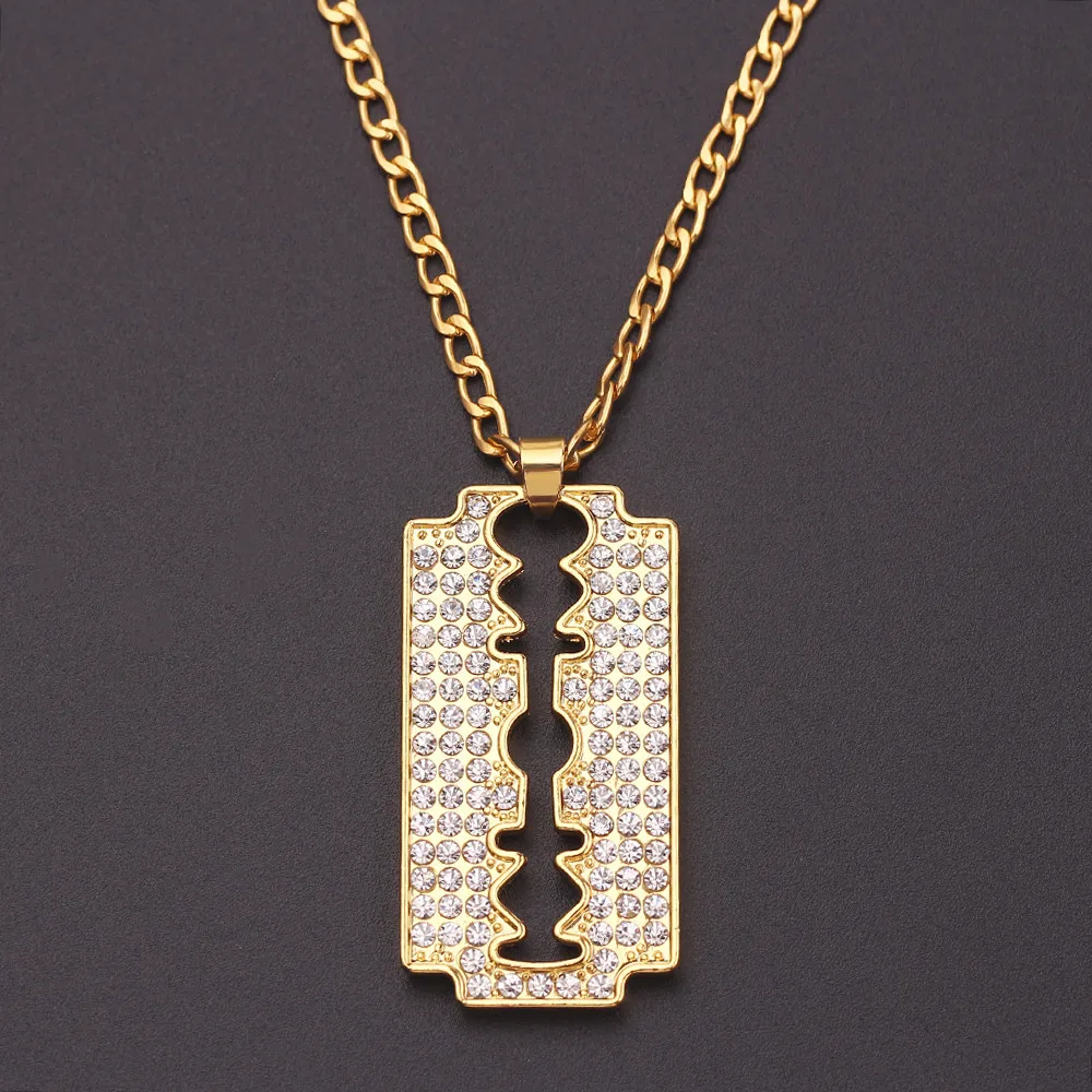 

Personlity Men's Razor Pendant Necklace Hip Hop Gold Color Cube Chain Zirconia Blade Necklaces Men Punk Rock Jewelry Gifts