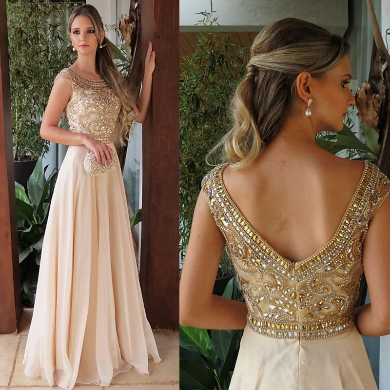 On Sale 2023 Latest Nude Long Prom Party Dresses Cap Sleeves Crystal Beading Bodice Jewel Neck Wedding Guest Gowns Back Out