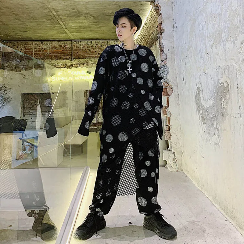 

Men 2 Piece Sets (tshirt+pant) Male Streetwear Punk Gothic Hip Hop Tee Shirt Polka Dot Splice Mesh Long Sleeve T Shirt Trouser
