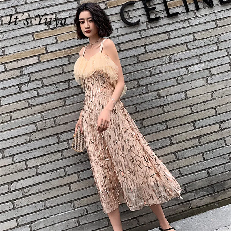 

It's YiiYa Cocktail Dress Champagne V-Neck Sleeveless Women Party Dresses Sequin Spaghetti Strp A-Line Robe Cocktail Gowns E836