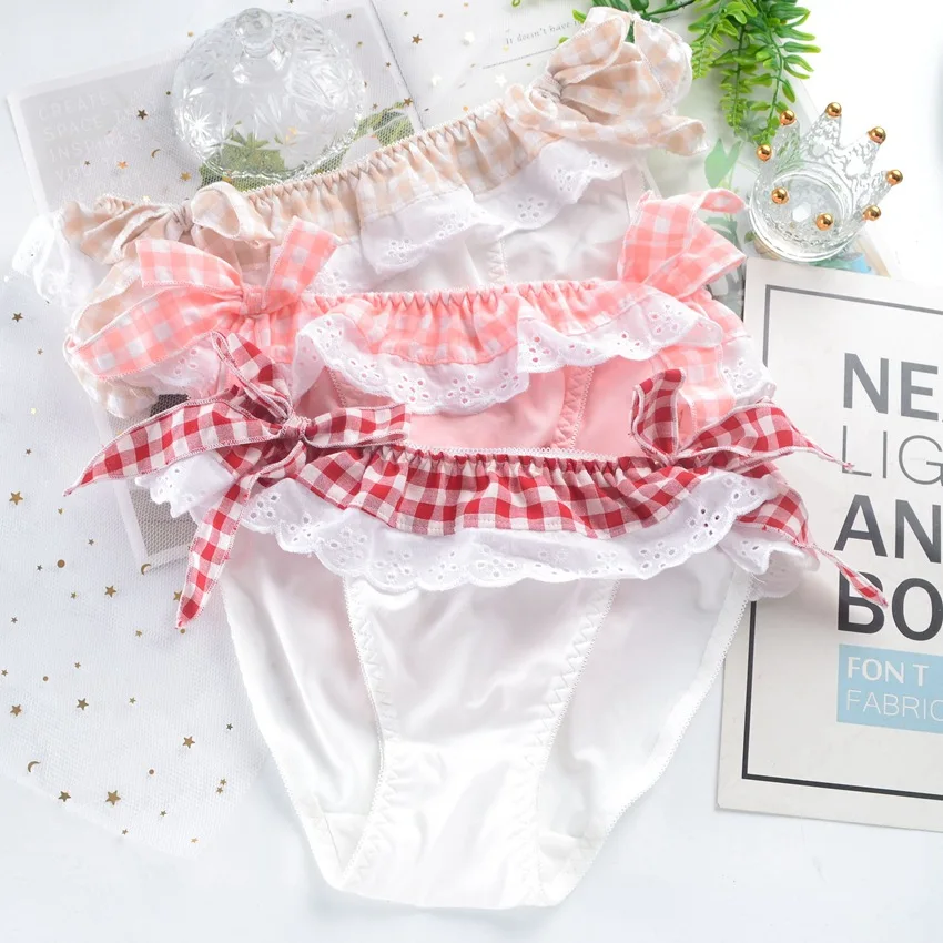 

Grid Ruffle Bow Cute Women's Underwear Lace Up Kawaii Cotton Panties Soft Bow Sweet Girl Seamless Briefs Female Lingerie