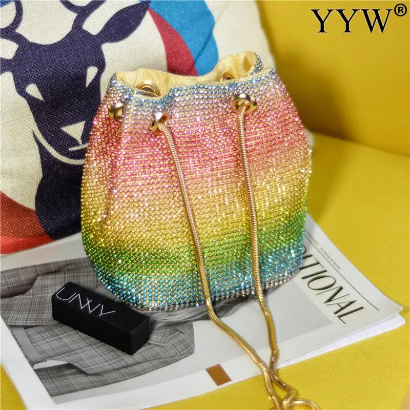 Fashion Women Bucket Shoulder Bag With Rhinestone Crossbody Bag Evening Bag Rainbow Ladies Party Purse Female Clutches Bolsos