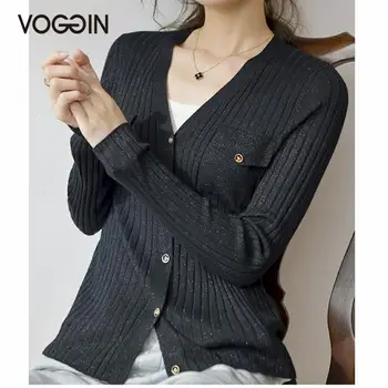 

VOGGIN Full Sleeve 2020 Autumn Sweater Cardigan Women Ladies Knitted Sweater pure new wool V-neck Glisten tops chic 2020