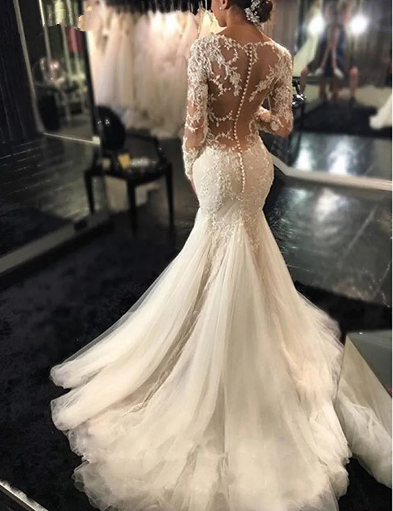 Романтичное винтажное кружевное платье русалки, Vestidos, сексуальное платье на пуговицах, прозрачное кружевное платье с бисером, свадебное платье, Casamento, платья для матери невесты