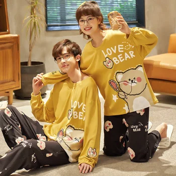 

Couples Cute Cartoon Bear Pajamas Sets for Women Autumn Long Sleeve Cotton Sleepwear Suit Men Homewear Pijama Mujer Home Clothes