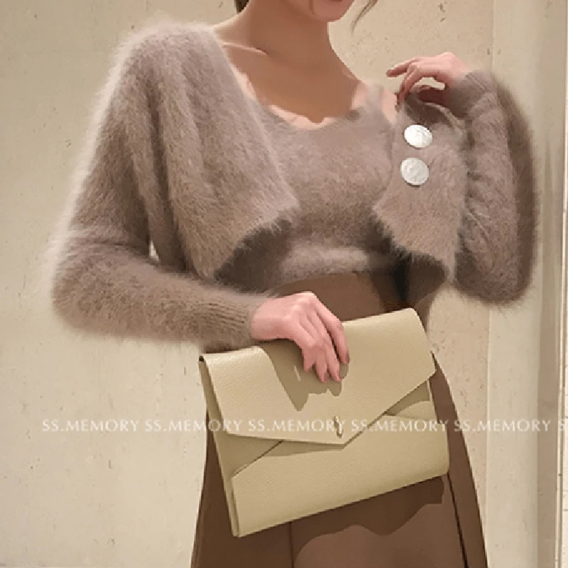 

2019 Two Piece Set Winter Suit for Women Tracksuit Faux Mink Cashme Cardigan Sweater + Elastic Knit Sling Vest Female