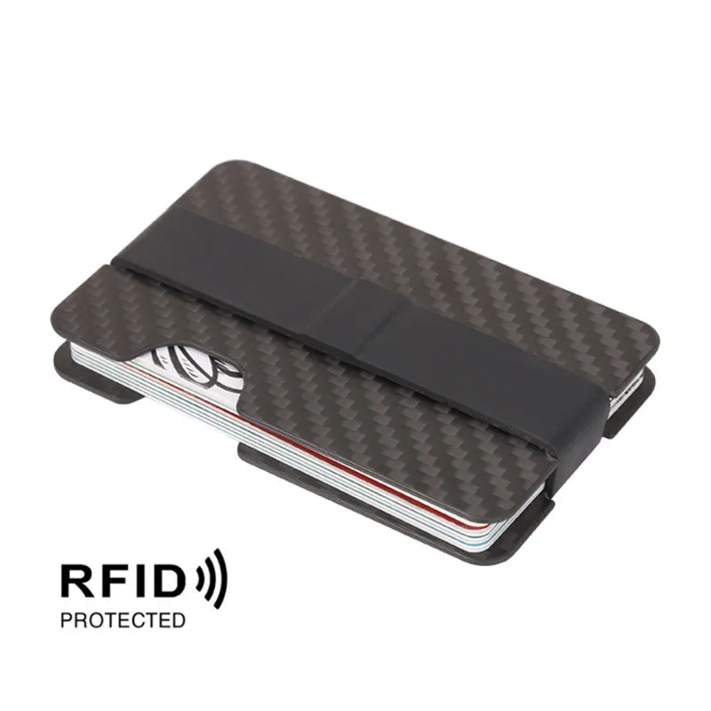 

New Compact Carbon Fiber Mini Thin Money Clip Credit Card Sleeve ID Holder RFID Anti-Thief Card Wallet Case with Elastic Band