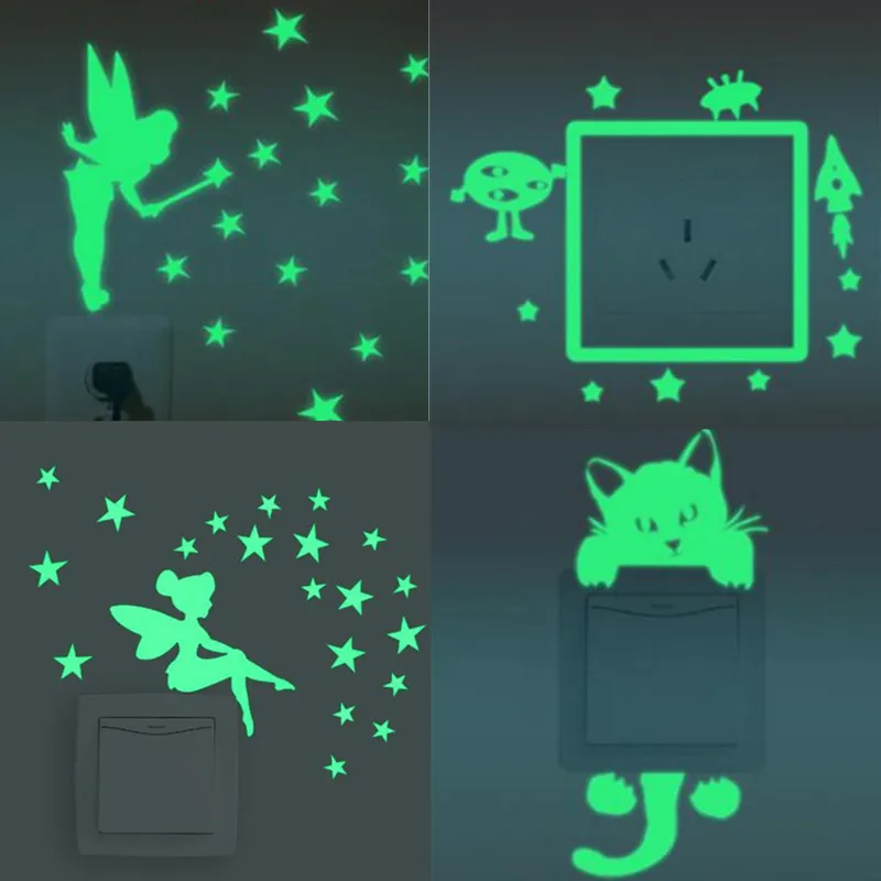 Cartoon Fairy Cat Bear Luminous Switch Sticker Wall for Kids Boys Girls Bedroom Bathrooms Decoration Light In The Dark | Дом и сад