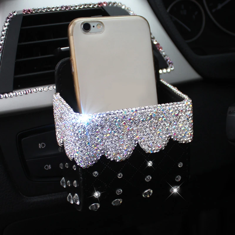Luxury PU Leather Car Storage Pocket Diamond Crystal Car Air Conditioning Air Outlet Box Mobile PHone Bags