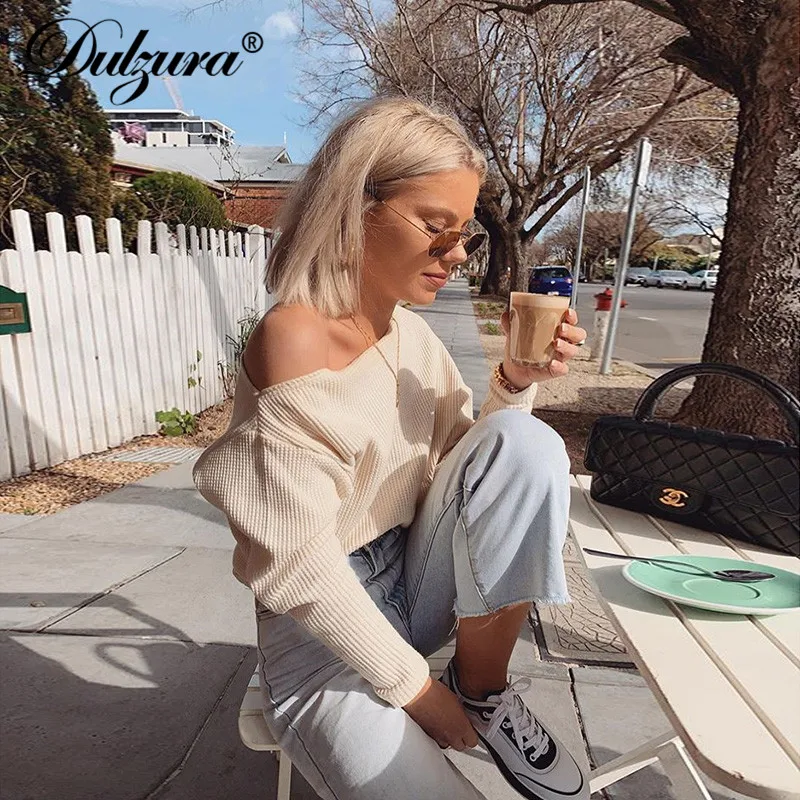 

Dulzura 2019 autumn winter women sweater loose knitted oblique collar Korean streetwear clothes tops elegant basic office casual