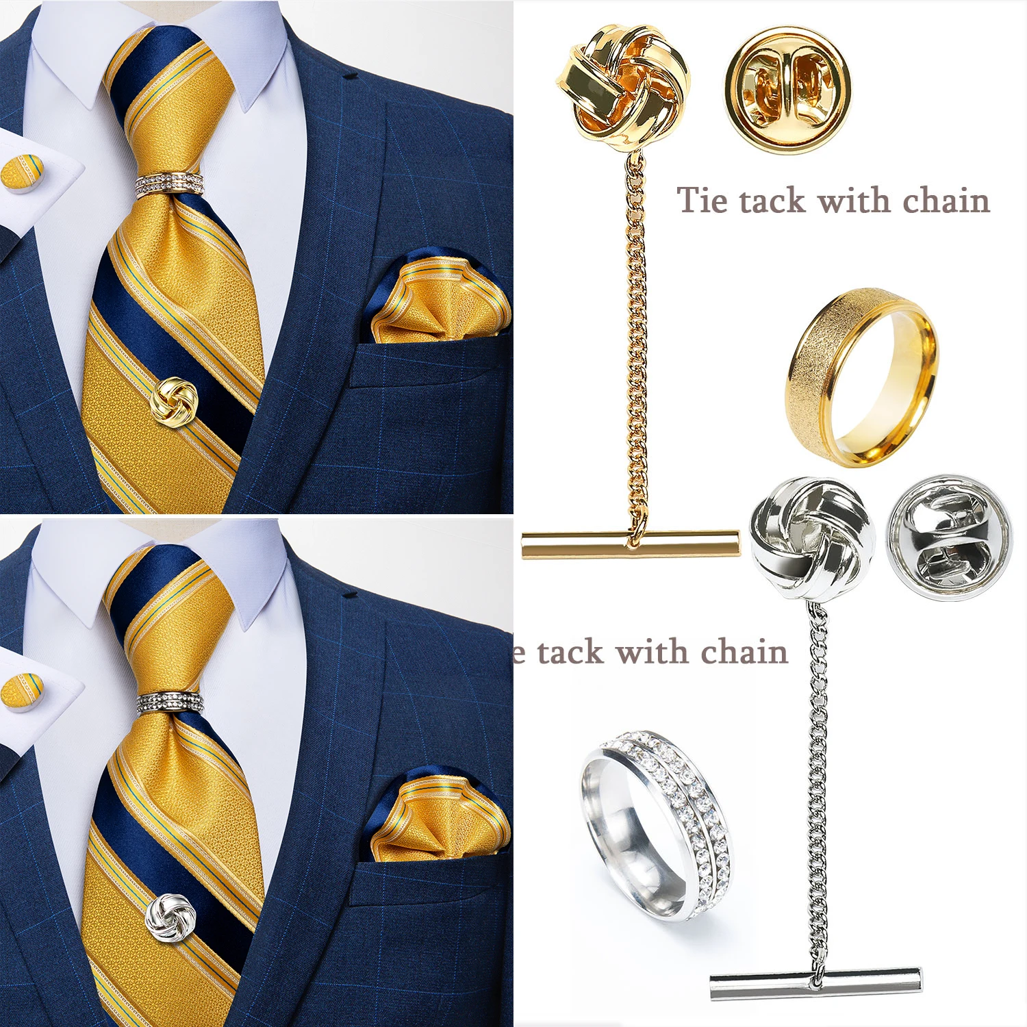  Tie Clips for Men Tie Tack with Chain, Tie Bar Set for