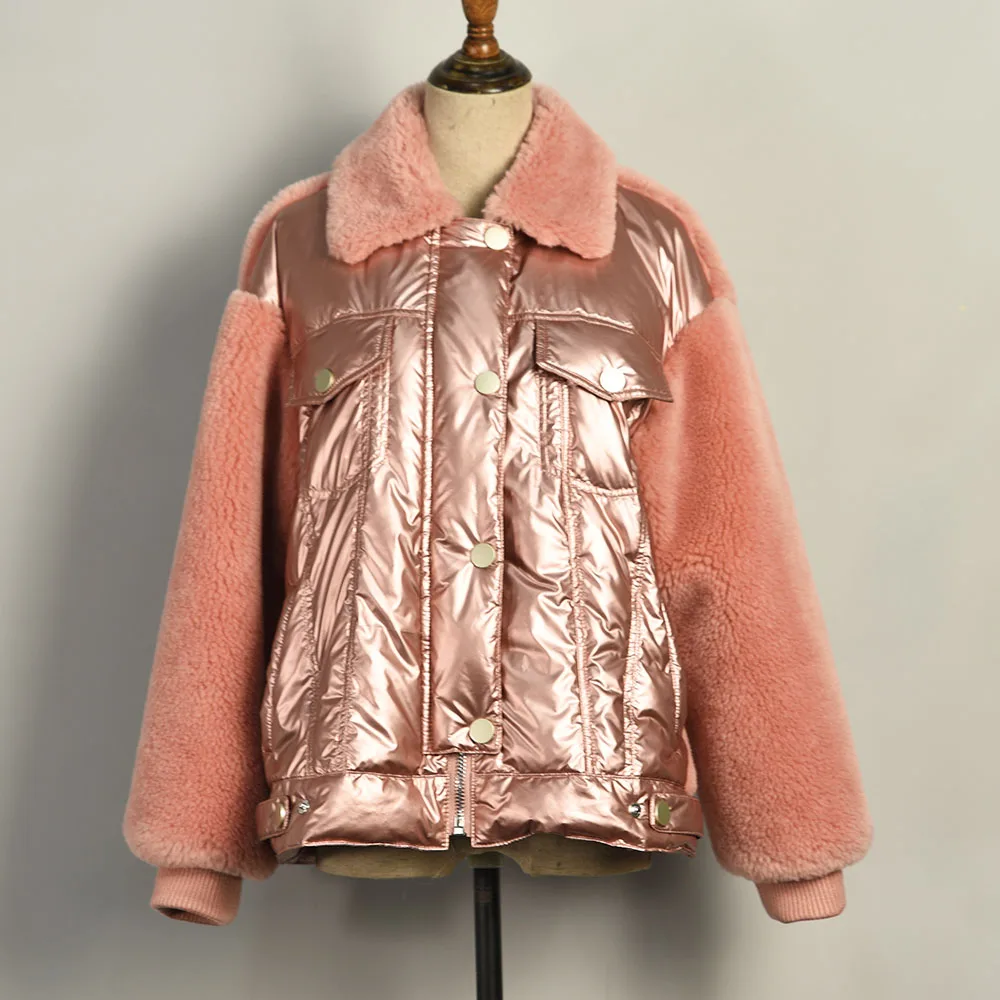 Pink Новое поступление, зимнее женское пальто из настоящей шерсти, белая куртка на утином пуху, стеганая куртка, верхняя одежда с гранулированным мехом S7579 - Цвет: Pink