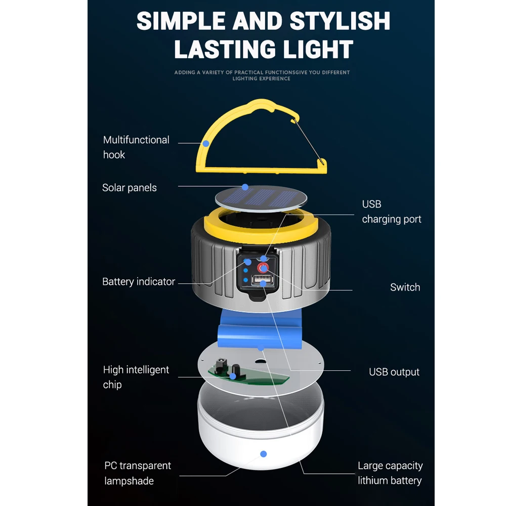 Portable Outdoor Solar Bulb Lanterns Light With Hook Camping BBQ Hiking Lamp USB Rechargeable Waterproof Emergency Tent Lights 8