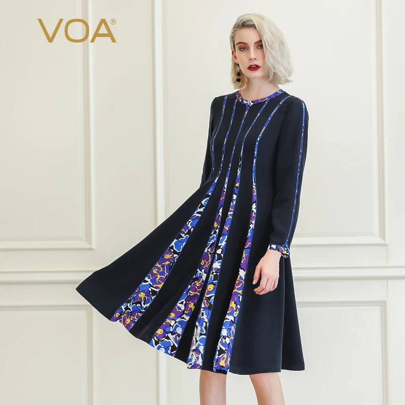 

VOA Heavyweight Silk Dark Blue Joint Printed Crew Neck Dense Copy Selvage Long Sleeve Six Open Body Knee-Length Thick Dress