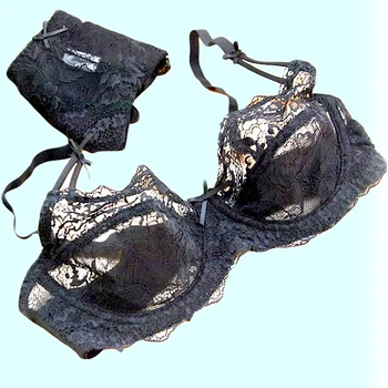 

Ultra-thin sexy underwear fabric black temptation pure lace bra set white transparent cutout bra