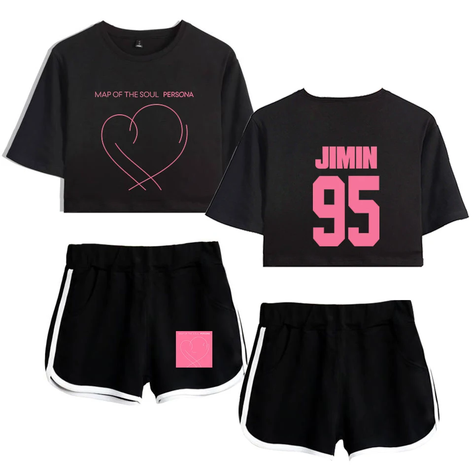 

New JIMIN J-HOPE V Map Of The Soul Persona Two-Piece Outwear Summer T-Shirt And Shorts Women's Suit Crop Top + Shorts Tracksuit