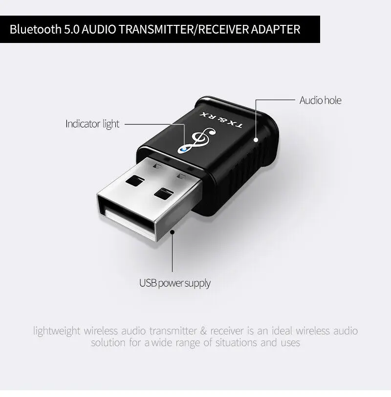 Bluetooth-приемник USB 5,0 аудио передатчик адаптер для ТВ/ПК динамик для наушников - Цвет: Черный