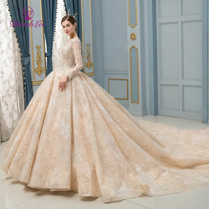 DressbLee Новое поступление роскошное свадебное платье кружевное вышитое кристаллами полные Свадебные платья с бисером свадебное платье с длинным шлейфом
