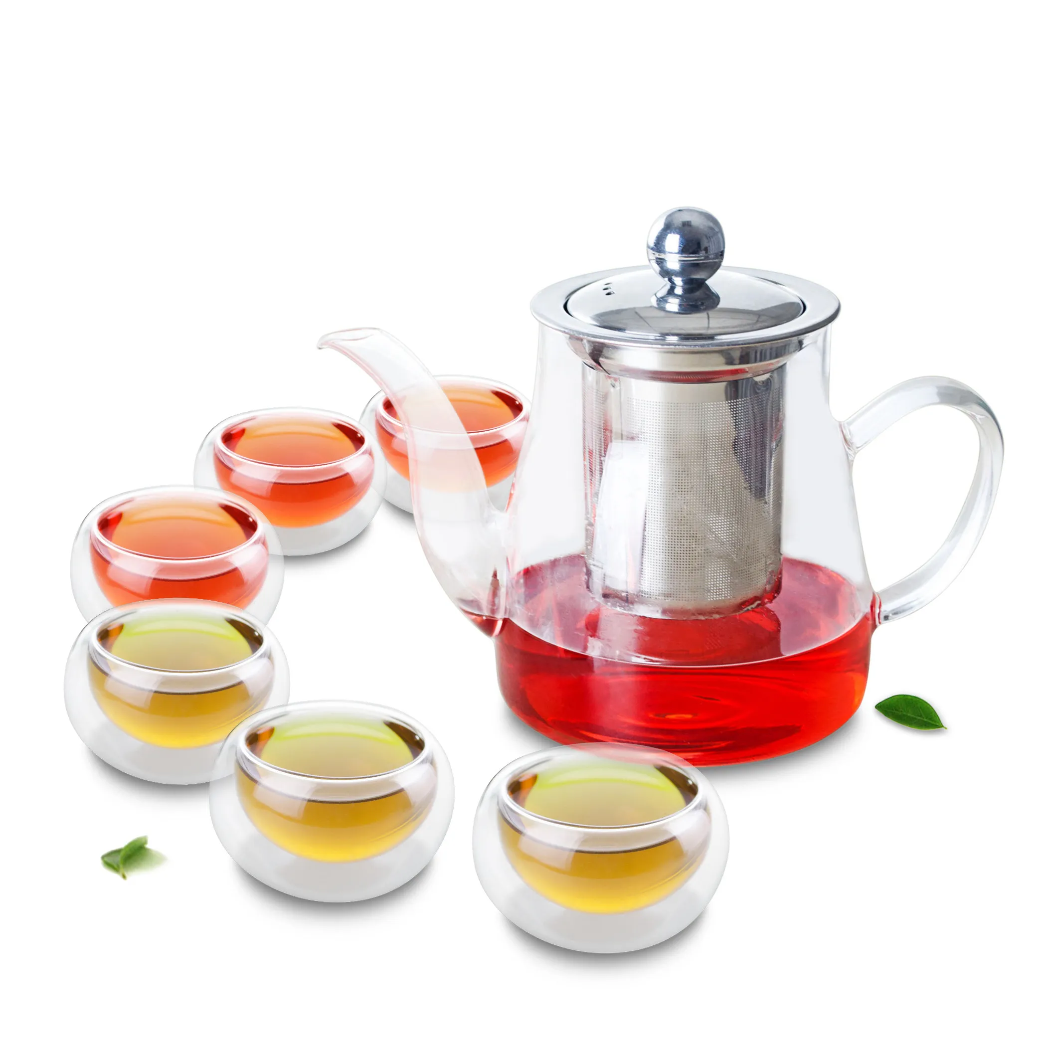 

Glass Flower Teapot w/ Stainless Steel Filter & 6PC Double Walled Small Cups