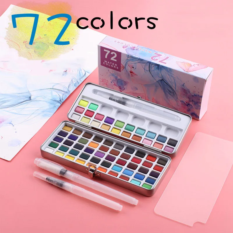 

72 Colors Solid Watercolor Paint Set Portable Box Pigment With Water Brush For Professional Painting DIY Stationery Art Supplies